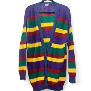 Vintage 80s 90s rainbow colorful striped knit cardigan sweater art teacher vibes